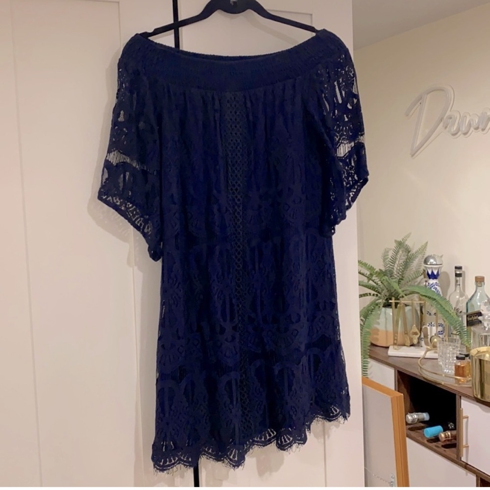 Navy Blue Lace Off-Shoulder Dress